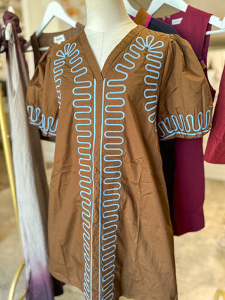 Brown/Blue Curved Stitch Mini Dress