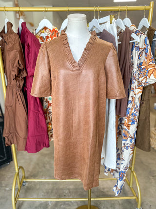 Camel Ruffled & Sweet Faux Leather Mini Dress