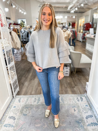 Light Grey Fuzzy Tiered Ruffle Sleeve Sweater