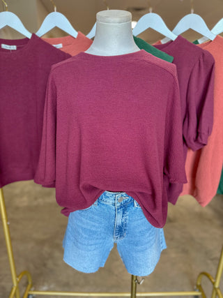 Wine Cloudy Knit 3/4 Sleeve Top