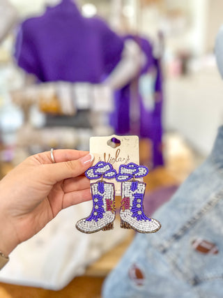 Purple/Gold Boots & Boogie For Gameday Beaded Earrings