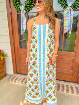 Blue Petal Crush & Stripes Midi Dress