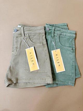 Risen Olive Mid Rise Front Patch Pocket Shorts