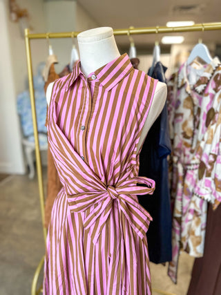 Pink Espresso Striped Tie Waist Midi Dress