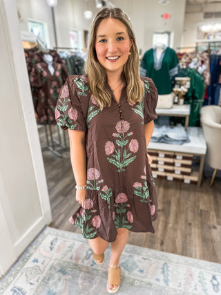 Brown Amber Bloom Garden Mini Dress