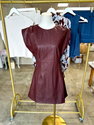 Burgundy City Lights Faux Leather Mini Dress