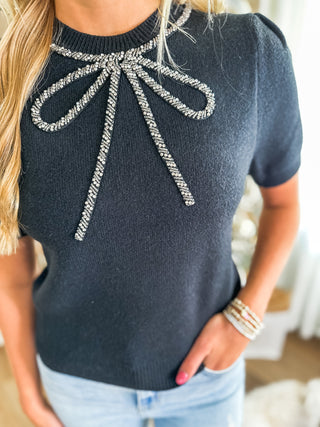 Black Glitz & Grace Beaded Crystal Bow Sweater