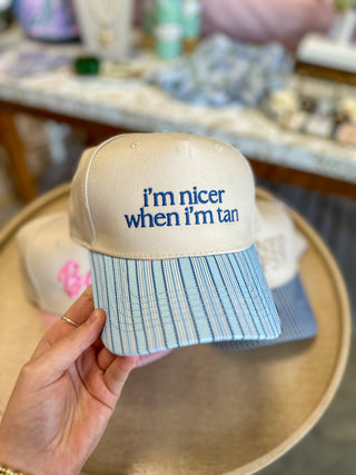 I'm Nicer When I'm Tan Light Blue Stripe Trucker Hat