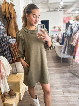 Olive Braided Sophistication 3/4 Sleeve Dress