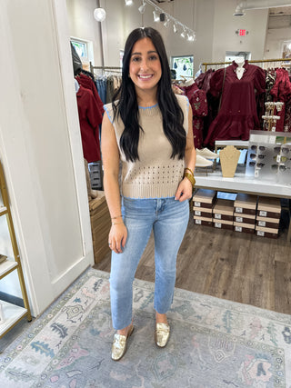 Beige & Blue Playful Trim Sweater Vest