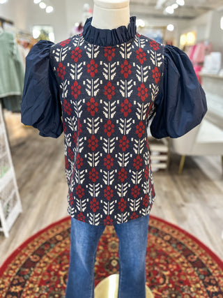 Navy & Red Daisy Row Puff Sleeve Top