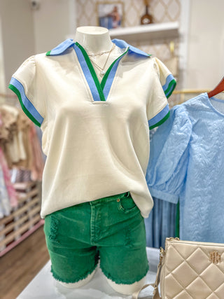 Cream/Blue/Green Preppy Trim Butterfly Sleeve V-Neck Top