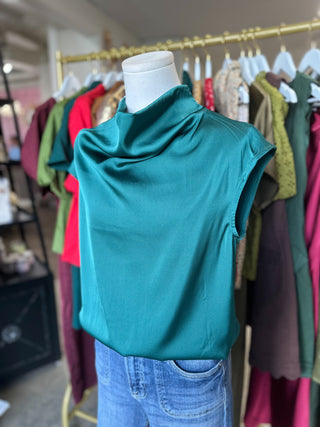 Hunter Green All Dressed Up Satin Cowl Neck Blouse