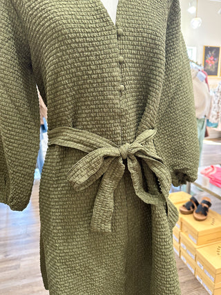 Olive Tonal Belt Elbow Sleeve Dress