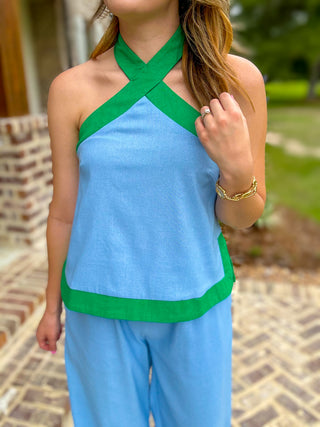 Blue & Green Seaside Breeze Halter Top Pants Set