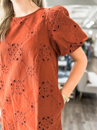 Rust Sweet Magnolia Eyelet Mini Dress