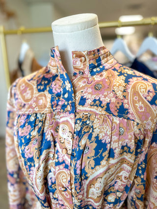 Teal & Blush Paisley Promises Belted Longsleeve Mini Dress