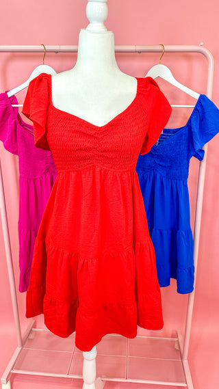 Red Demi Darling Smock Chest Flutter Sleeve Mini Dress