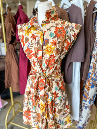 Tan Autumn Tapestry Tie Waist Mini Dress