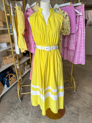 Lemon Coastal Elegance Belted Midi Dress