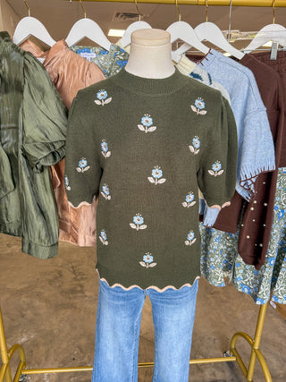 Mae Girl Olive Half Sleeve Finely Embroidered Sweater Top
