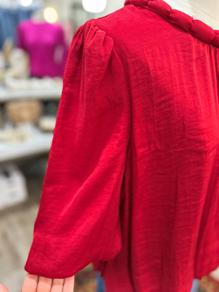 DOORBUSTER: Crimson Red Round Neck Accent Billowy Blouse