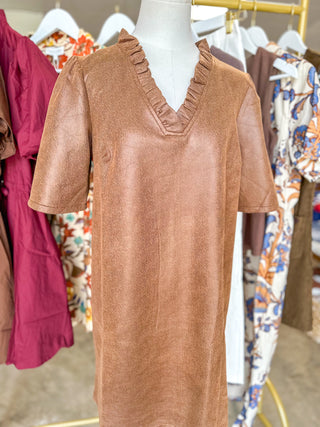 Camel Ruffled & Sweet Faux Leather Mini Dress