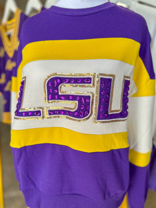 Millie LSU Wide Striped & Gemstones Sweatshirt