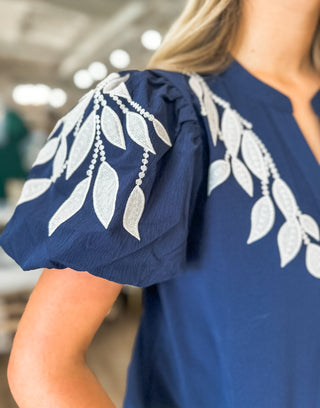 Navy Vine Embroidered Top
