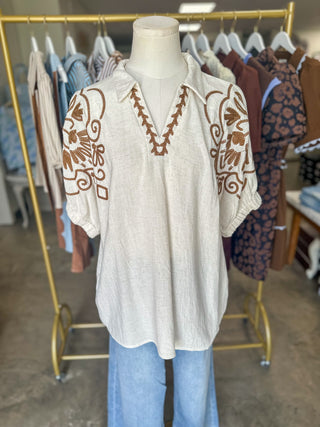 Oatmeal & Brown Frontier Floral Embroidered Top