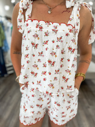 Off White/Red Floral Contrast Scallop Trim Top & Shorts SET