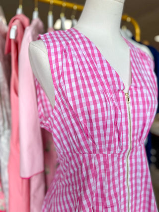 Pink Zip Into Spring Gingham Mini Dress
