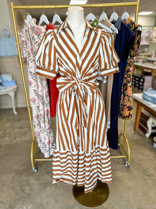 Cream & Camel Stripe Society Tie Waist Maxi Dress