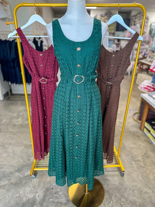 Hunter Green Charlotte Eyelet Belted Maxi Dress