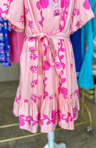 Light Pink Summer In Santorini Floral Belted Mini Dress