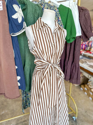 Brown Rowan Lane Striped Belted Maxi Dress