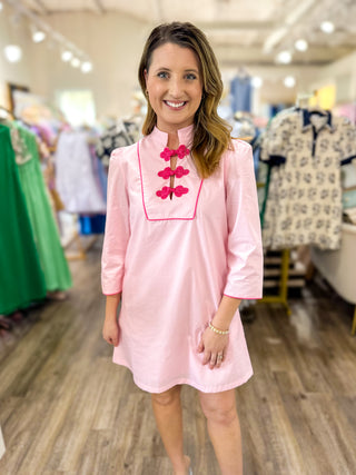 Pink Contrast Trim Tiered Knot Button Detail Mini Dress