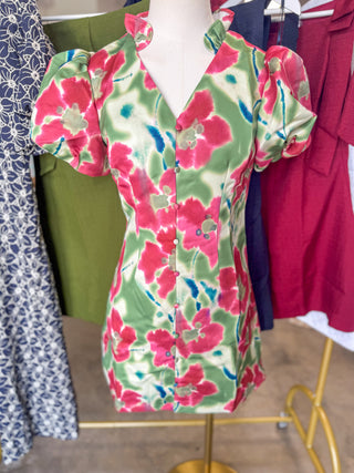 Green Brushstroke Blooms Faux Button Mini Dress