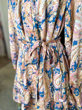 Teal & Blush Paisley Promises Belted Longsleeve Mini Dress