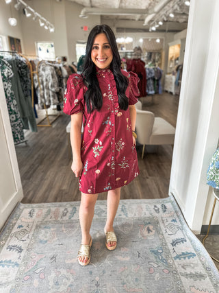 Burgundy Garden Stroll Ruffle Neck Mini Dress