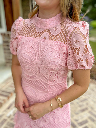 Pink Timeless Lace Short Sleeve Mini Dress