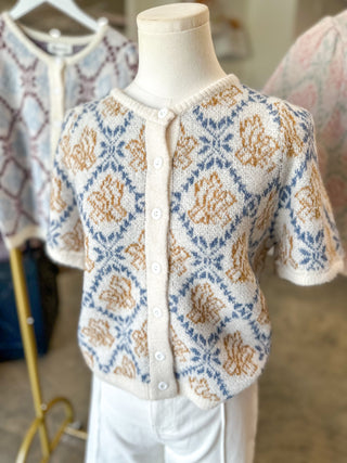 Ivory & Blue Subtle Floral Button-Up Short Sleeve Sweater