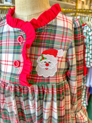 Girls Christmas Plaid Dress W/ Santa Applique & Ruffle