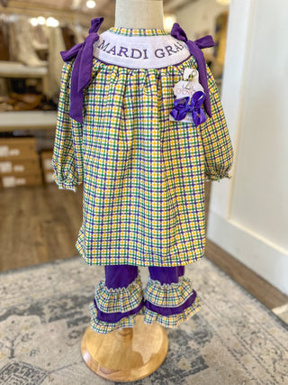 Mardi Gras Plaid Bow Detail Pants Set - OMG Custom