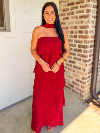 Wine Ruffled Romance Maxi Dress W/ Neck Scarf