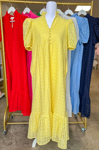 Lemon Yellow Sweet Eyelet Moments Midi Dress
