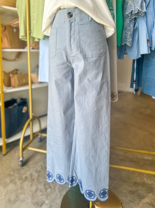 Blue Sweet Steps Embroidered Hem Wide Leg Pants