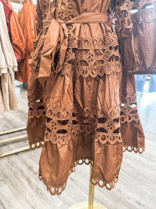 Brown Style Defined Pearl Button Lace Detail Dress