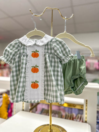 Fall Halloween & Thanksgiving Applique Plaid Girls Bloomers Romper Set