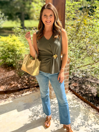 Olive Gathered & Gold V-Neck Top